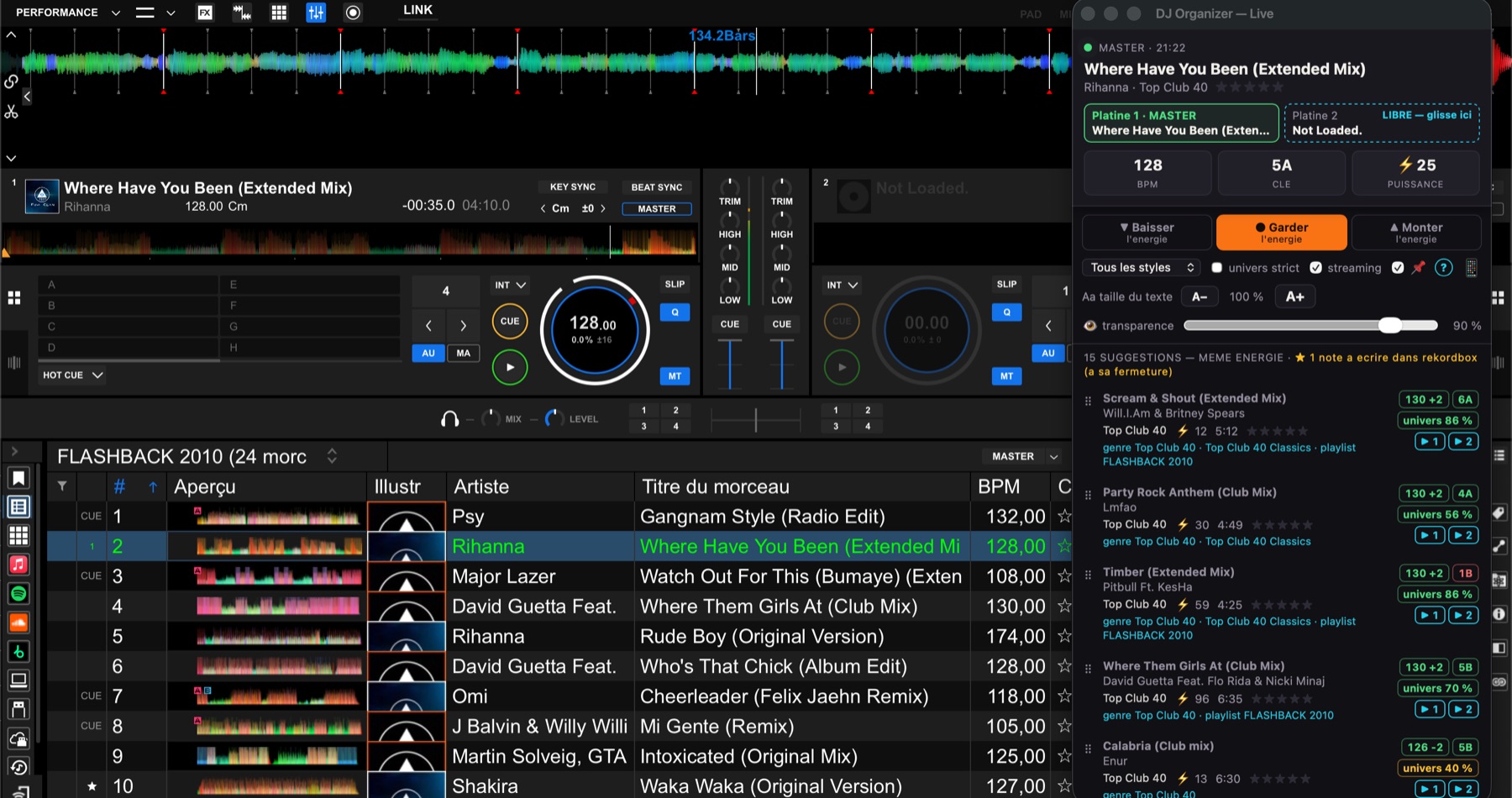 rekordbox en mode Performance avec la mini-fenêtre DJ Organizer par-dessus : titre MASTER, BPM, clé, puissance et suggestions